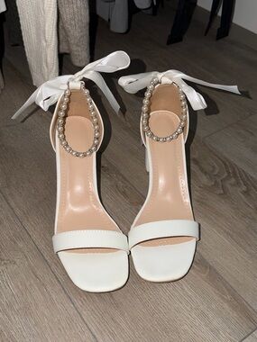 Elegant White Pearl-Ankle Tie Women's Heels
